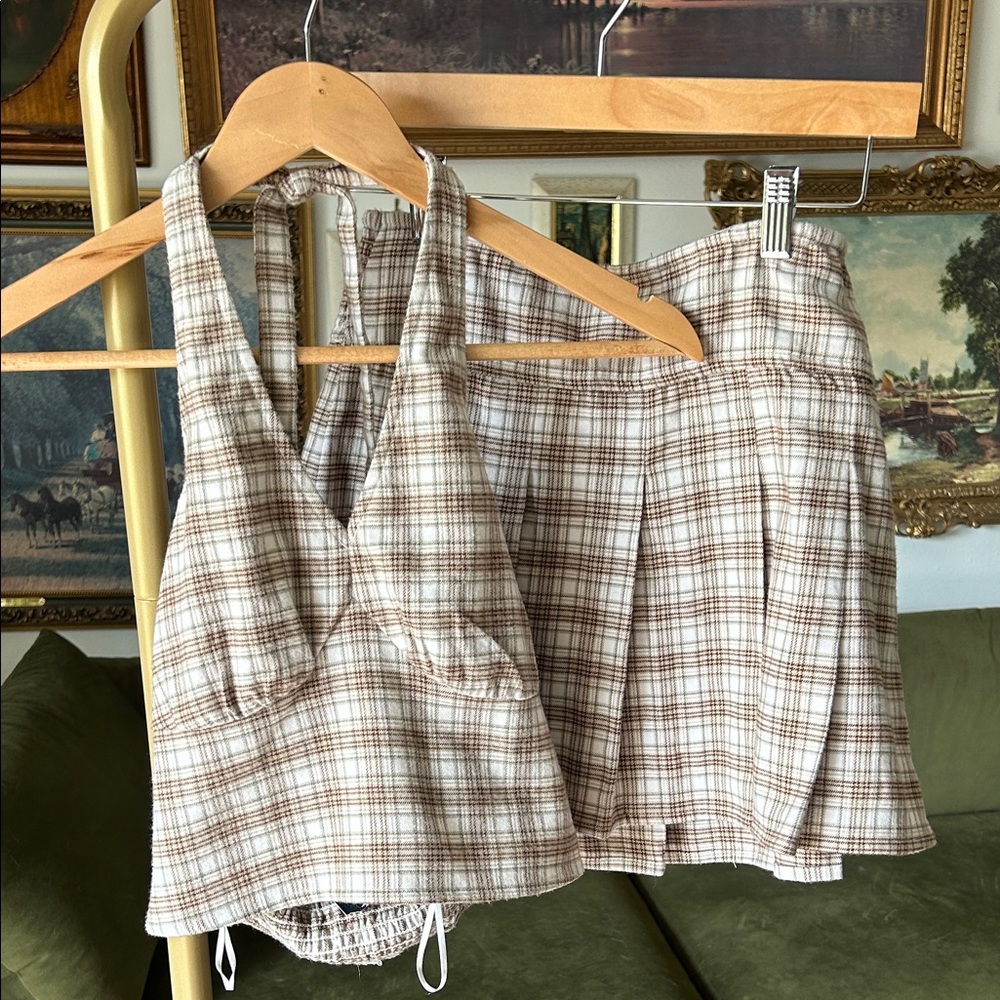 NWT Hollister Plaid Halter Dress - Brown and Cream